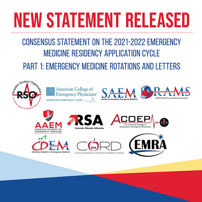 SAEMonline's tweet image. New Consensus Statement on the 2021-2022 Emergency Medicine Residency Application Cycle Part I: Emergency Medicine Rotations and Letters Released ow.ly/9U7F50E9BCD
  @SAEM_RAMS @ACEPNow @ACOEPRSO @ACOEP @aaeminfo @AAEMRSA @CDEMstudents @CDEMfaculty @CORD_EM @EMadvocacy