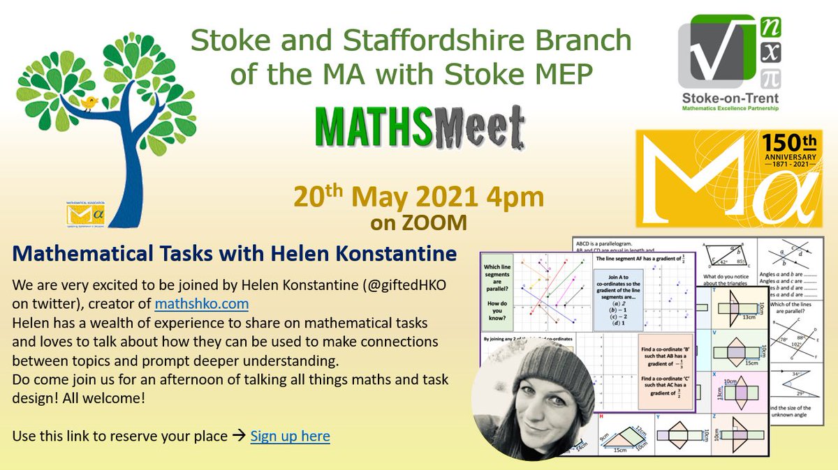 🌟 Mathematical tasks with <a href="/giftedHKO/">Miss Konstantine</a> 🌟 
Really excited to announce our second event for the Stoke and Staffordshire branch. Looking at task design, interesting prompts and making connections. 

Meeting will be via zoom. All welcome. Sign up... tinyurl.com/4965uexb