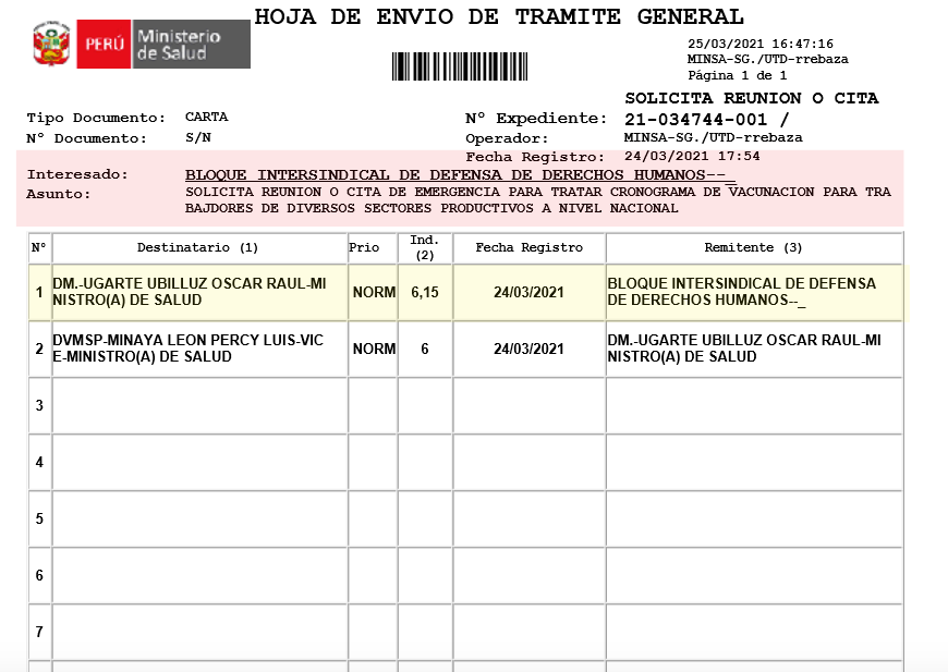 IntersindicalDH's tweet photo. Este es el Expediente Nº 21-034744-001 que notifica nuestra solicitud de REUNIÓN DE EMERGENCIA para establecer CRONOGRAMA DE VACUNACIÓN para los trabajadores de los diversos sectores productivos de todo el Perú. ¡Esperamos la respuesta del ministro @Minsa_Peru, @ougarteu. https://t.co/FJzge3Xngx