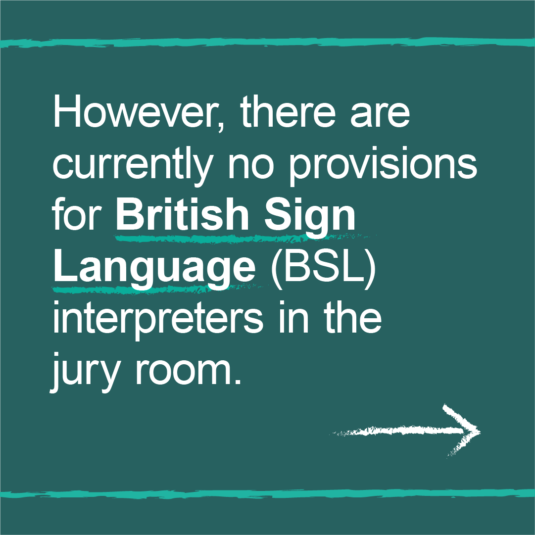 MoJGovUK's tweet photo. Our courts must ensure that services are accessible to everyone, including people with impairments.

The Police, Crime, Sentencing and Courts Bill will amend laws to enable British Sign Language interpreters to assist Deaf jurors during jury deliberations.
https://t.co/0BFI7tHsb4