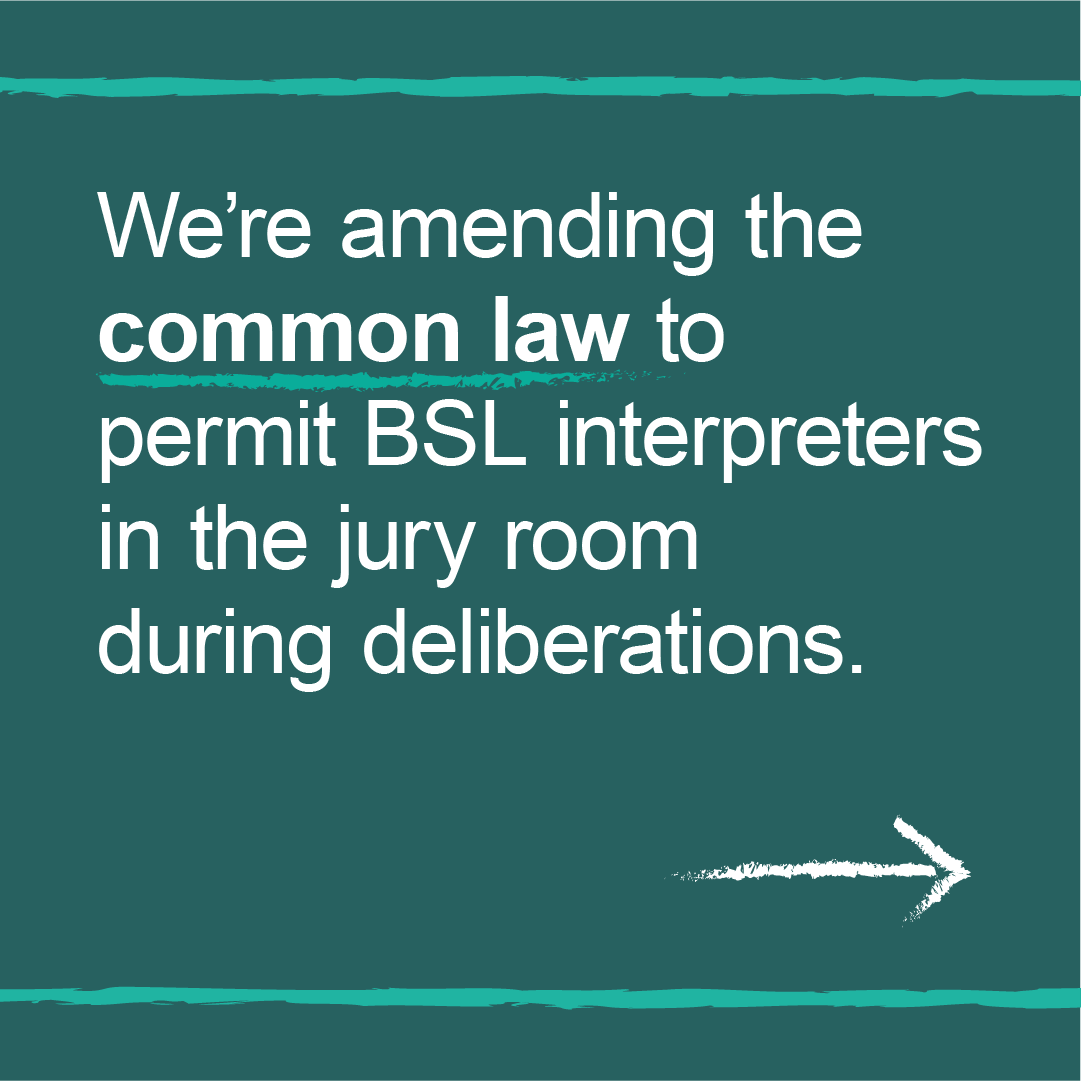 MoJGovUK's tweet photo. Our courts must ensure that services are accessible to everyone, including people with impairments.

The Police, Crime, Sentencing and Courts Bill will amend laws to enable British Sign Language interpreters to assist Deaf jurors during jury deliberations.
https://t.co/0BFI7tHsb4
