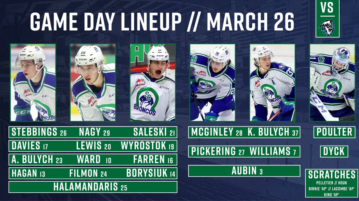 Here is tonight's lineup against the Winnipeg ICE. 2004-born forward Karson King has joined the Broncos in the #SubwayWHLHub