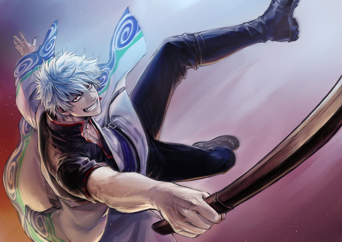 sakata gintoki 1boy male focus solo red eyes smile japanese clothes hadanugi dousa  illustration images