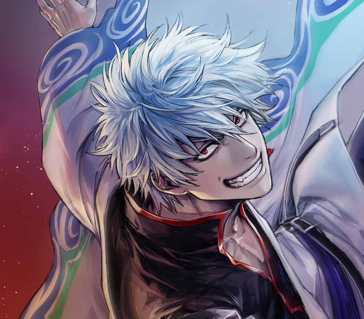 sakata gintoki 1boy male focus solo red eyes smile japanese clothes hadanugi dousa  illustration images