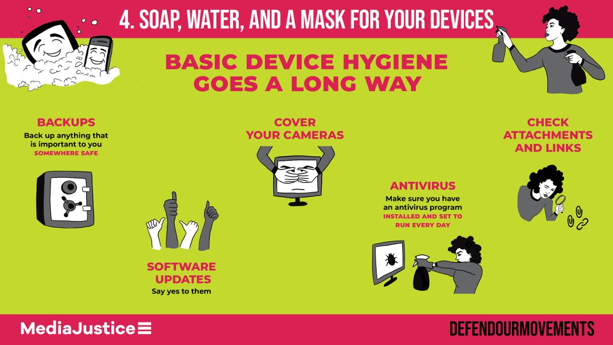 mediajustice's tweet photo. Doing some Spring cleaning? Get your tech squeaky clean with these comprehensive #DefendOurMovements digital self-defense tips that any activist can use: https://t.co/Caba7doCAt https://t.co/Gsn3o0vNkk