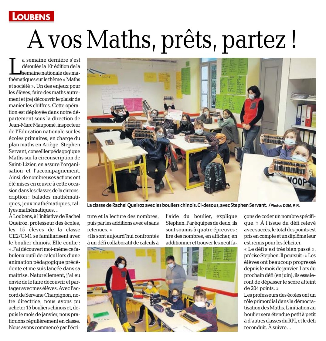 Merci <a href="/ladepeche09/">La Dépêche Ariège</a> pour ce bel article qui met à l'honneur une action #semainedesmaths à l'école de Loubens, mais également le travail des enseignants ariégeois qui font vivre les maths dans leurs classes au quotidien. <a href="/JMarcMaupome/">Jean-Marc Maupomé ien Saint-Lizier Ariège Ouest</a>