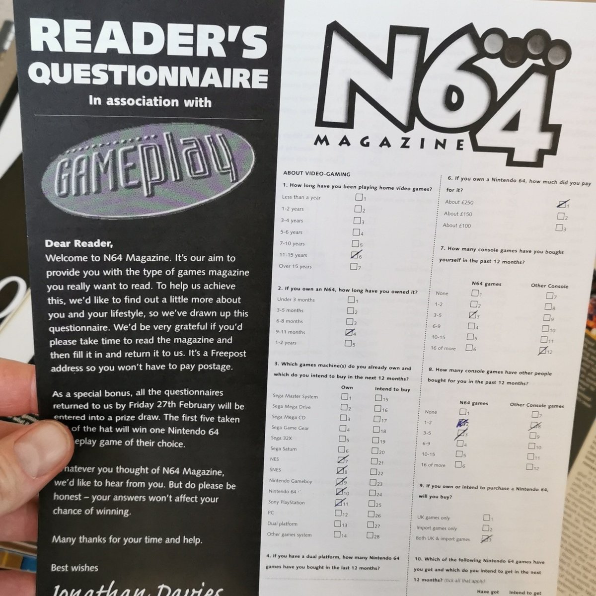 RKIDGAMES's tweet photo. So looking through #N64magazine issue 12 I found a readers questionnaire that 17yo me filled in and never sent off haha @Kosmikat read the additional comments :)
#superplay #retrogamer #n64 #snes https://t.co/gK1ey5S7IX