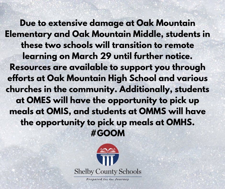 Our hearts go out to any of you who experienced damage due to yesterday’s devastating storm. Please see message below regarding Oak Mountain Elementary and Oak Mountian Middle.