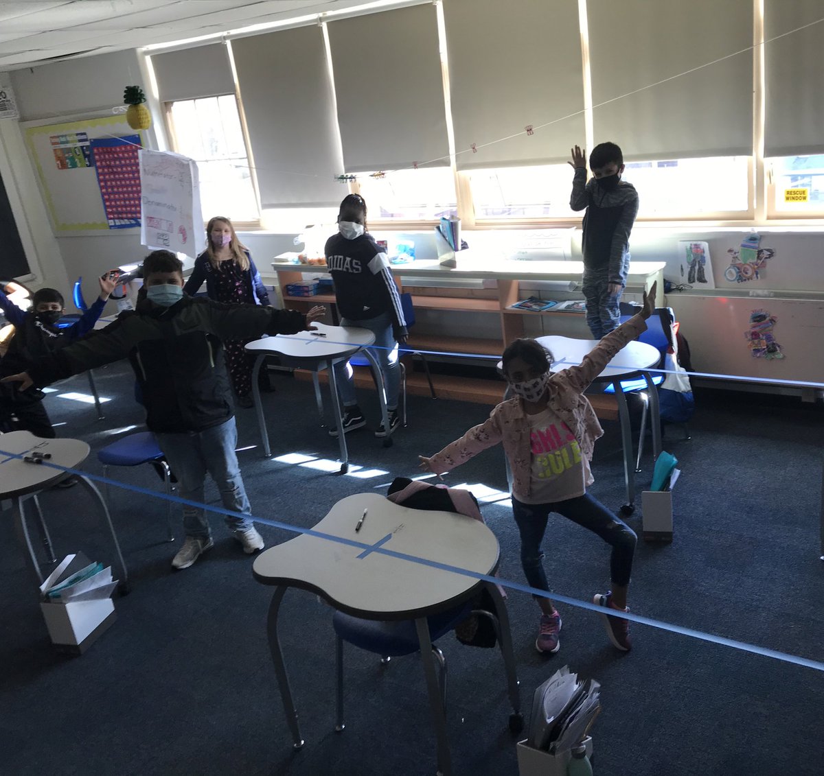 MissCutia's tweet photo. Shout out to @danidoo4 for giving us a helping hand and making our activity possible! 

A life-sized number line to put our fractions on! We labeled each desk and then practiced “jumping” to each fraction #WeAreBenFranklin #BPatriotProud https://t.co/bK47JyZFjA