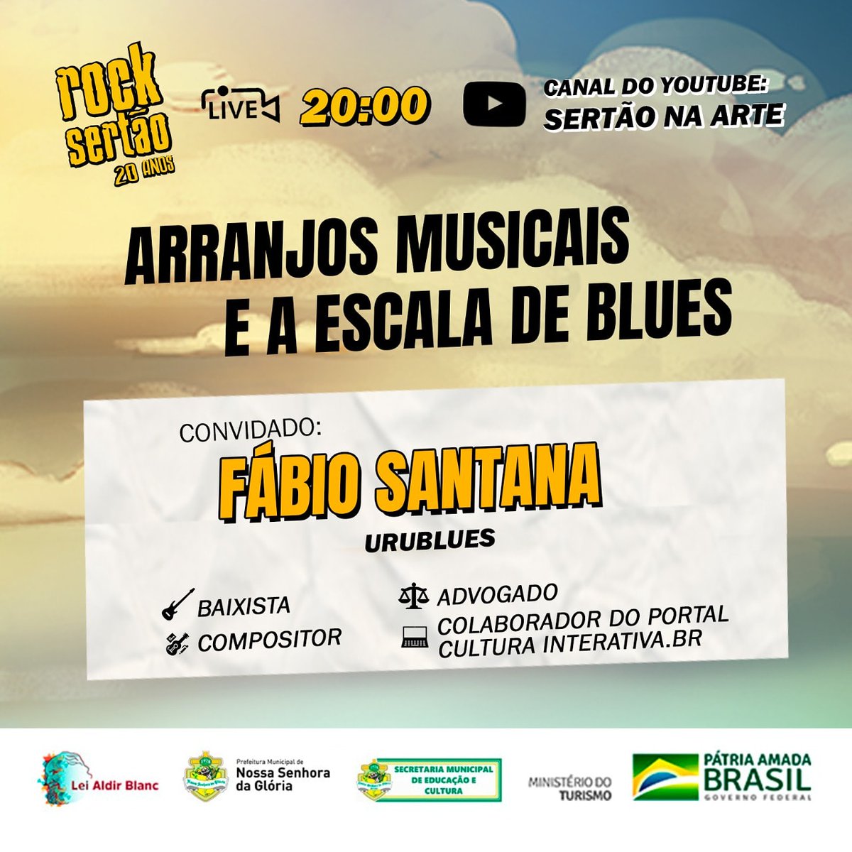 RockSertao's tweet photo. Pessoal, continuando na pegada do #QueroTocar , às 20h receberemos o baixista da #Urublues e membro do portal Cultura Interativa, Fábio Santana. Ainda não segue nosso canal? Segue lá e não perde esse papo!
#Rocksertao #Rocksertao20anos #Festival #Musica #Sergipe https://t.co/JRIpn34e0q