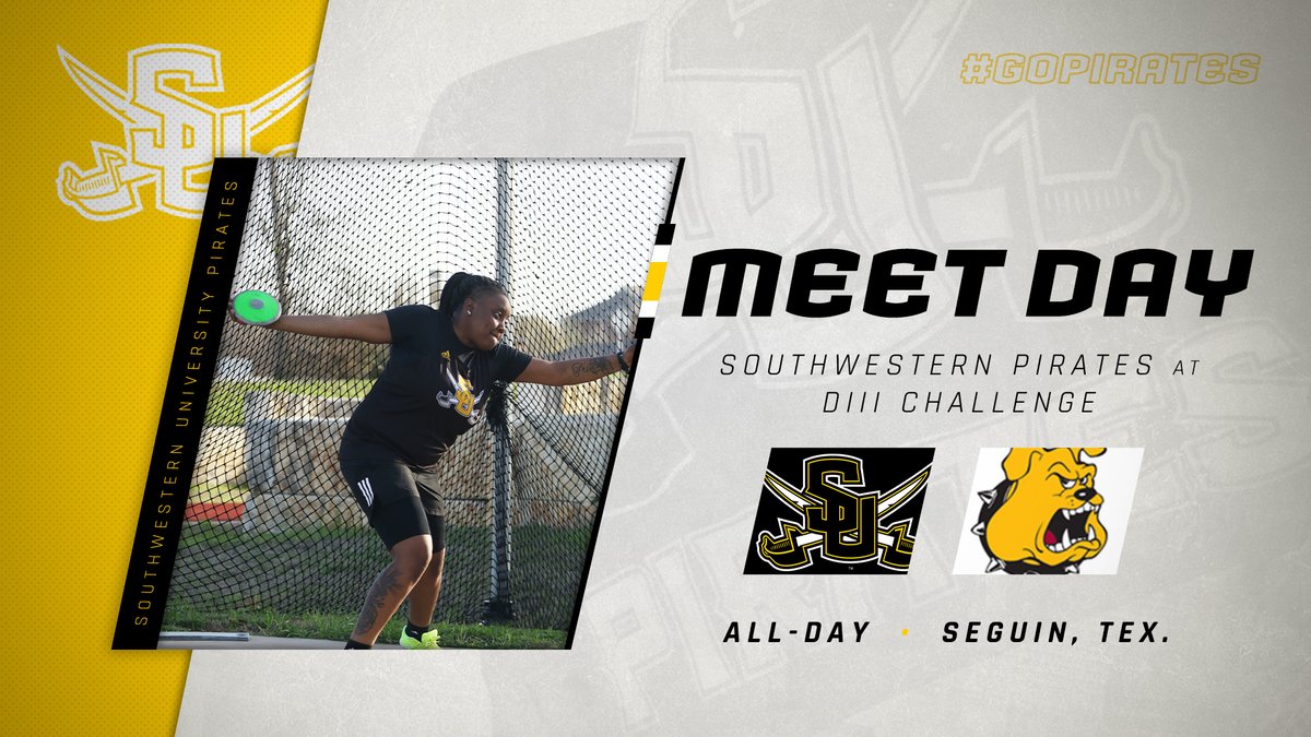 #MEETDAY | <a href="/SUPiratesXCTF/">Southwestern XC/T&F</a>
👟 Women's Track &amp; Field
🆚 <a href="/tluathletics/">TLU Bulldogs</a>
⏰ All-Day
📍 Seguin, Texas