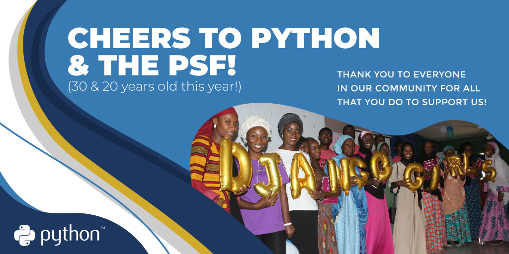 ThePSF's tweet photo. .@ThePSF  is 20 years old and Python is 30 years old this year! We’re celebrating these milestone anniversaries with a membership drive! Our goal - sign up 2,000 new/renewing members in March. Basic membership is free. Details can be found here: https://t.co/W2H2SiduuZ. https://t.co/WiFQepObbI