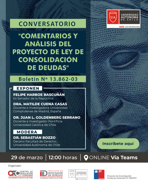 🔹“Comentarios y análisis del proyecto de ley 📃de consolidación de deudas” es el #seminario de nuestro <a href="/IID_UAutonoma/">Instituto de Investigación en Derecho</a> ⚖ a realizarse este lunes 29 de marzo a las 12:00 hrs.  
🔗 Inscripciones: bit.ly/37CNy3t