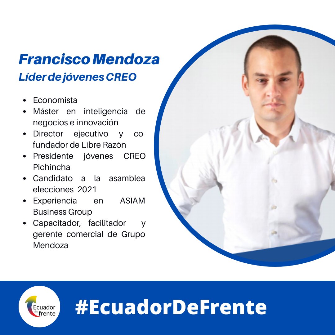 ecdefrente's tweet photo. #EcuadorDeFrente 🇪🇨 | ¡Te presentamos a @FMendoza2021

🔵 ➡ Representante de juventudes del movimiento @CREOEcuador     

Acompáñanos al conversatorio, el domingo 28 a las 20h00   .

--
@CREOEcuador @LassoGuillermo  #EncontrémonosParaLograrlo #AndresNoMientasOtraVez https://t.co/RsKttvqLzR