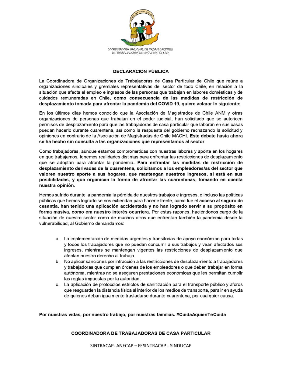 sintracap's tweet photo. 📌Frente a las diferentes opiniones que ha aparecidos en 📰📻📺 sobre las consecuencia para nuestro sector de las medidas de restricción de desplazamiento tomada para afrontar la pandemia 🦠
📢La Coordinadora de Organizaciones de #TrabajadorasDeCasaParticular manifestamos👇🏽 https://t.co/poadguJGBh