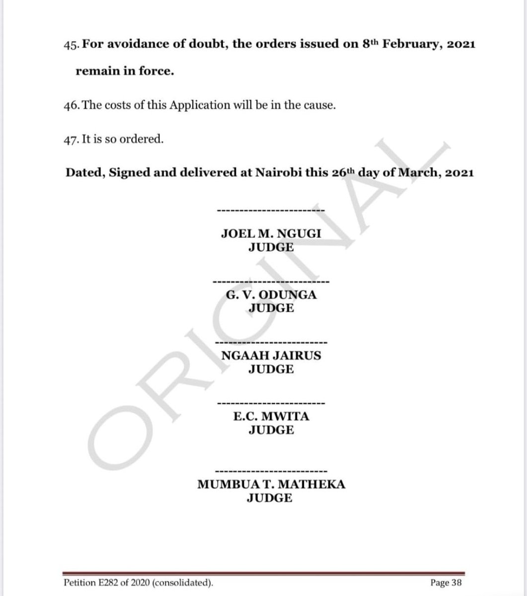 OleItumbi's tweet photo. High Court issues order barring the President from signing BBI into law, in-case Parliament passes it. That is in addition to the order stopping a Referendum until case is HEARD and DETERMINED! https://t.co/vgnBwzH1r7