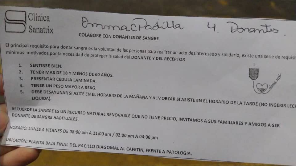 militse's tweet photo. Se necesitan donantes de sangre de cualquier tipo, para mi paciente en la @ClinicaSanatrix. Favor dirigirse al banco de sangre. A nombre de Enma C Padilla. Muchas gracias https://t.co/lDlHCelwM5