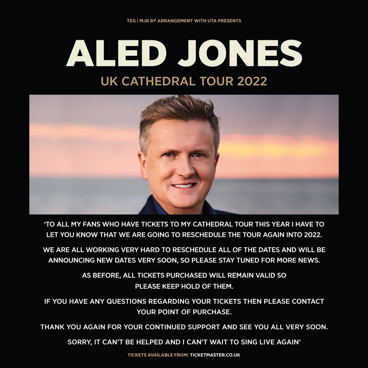 Aled Jones As I M Sure You Ve Been Expecting We Re Going To Have To Reschedule My Cathedral Tour To 22 Stay Tuned As New Dates Will Be Announced Soon All Tickets