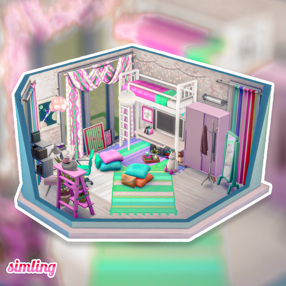simling131's tweet photo. How about Loft Bed with a TV Set? 
🛏 + 📺 ✨
.
Is not functional because of the shelf that I placed under the TV crossed the left side of the tiles☹️ But I don’t want to remove it......
.
Gallery ID: simling131 
#ShowUsYourBuilds #Thesims4 #ts4 #nocc https://t.co/iX3HAWlvaD