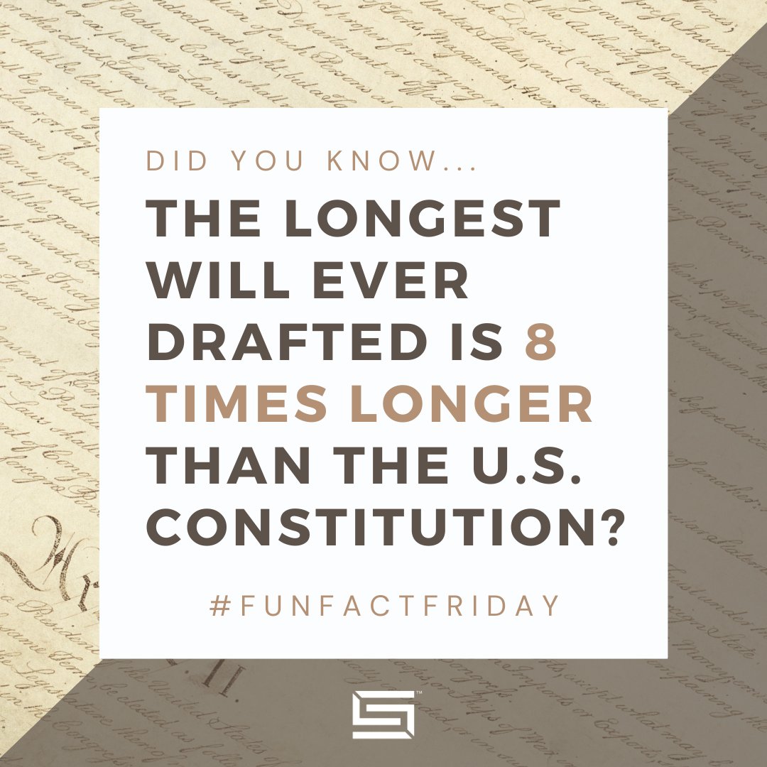 Seamon_Law's tweet photo. It's important to have a thorough Last Will &amp; Testament... but what about 1,066 pages? This was the length of Frederica Evelyn Stilwell Cook's will that was recorded in 1925.  That's 8 times longer than the U.S. Constitution, which is over 12,000 words long! #FunFactFriday https://t.co/xGEWL7mgBI