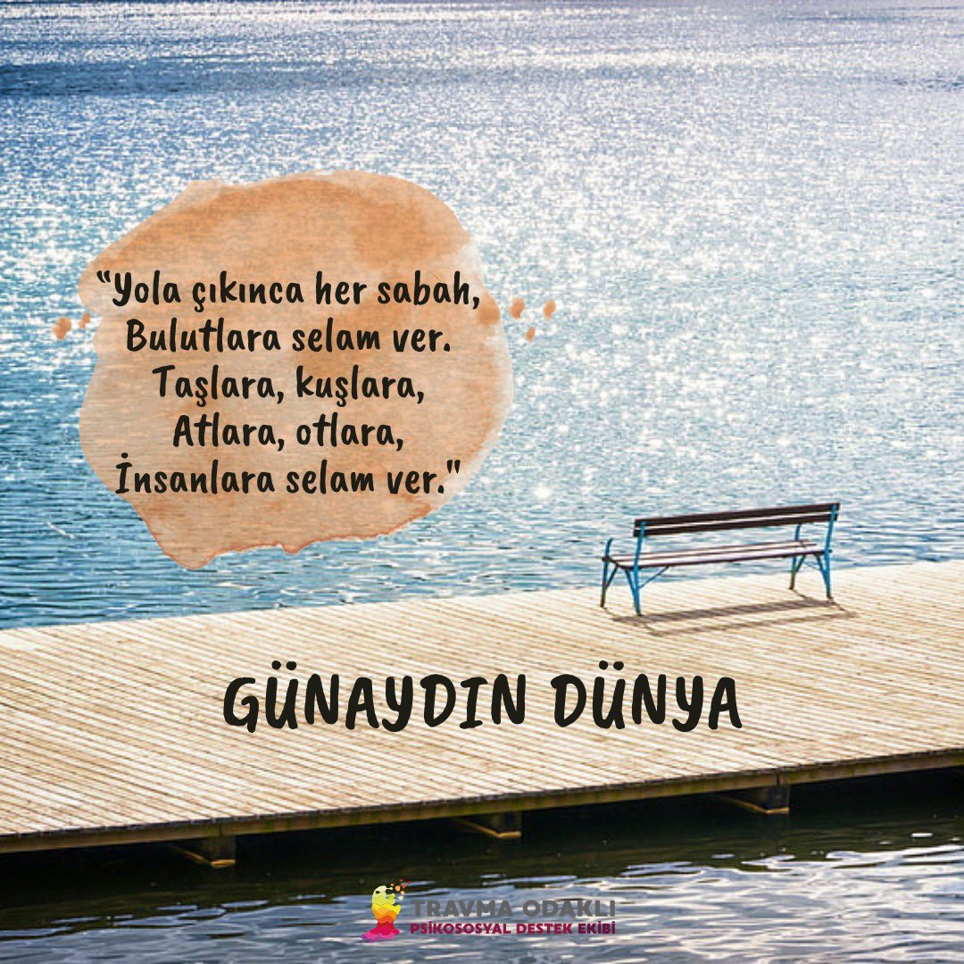 travmaekibi's tweet photo. Görmek isteyenlere...
•
“Yola çıkınca her sabah,
Bulutlara selam ver.
Taşlara, kuşlara,
Atlara, otlara,
İnsanlara selam ver.
Ne görürsen selam ver.
Sonra çıkarıp cebinden aynanı,
Bir selam da kendine ver.” 
Üstün Dökmen https://t.co/7yYwMdQFrO