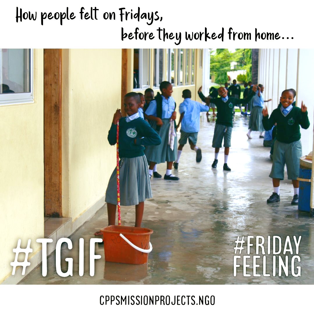CPPSMission's tweet photo. #HappyFriday ! Here's a strike-a-pose photo of our students at St. Gaspar Primary getting ready to go home and mopping the hall with water to prevent dust build up. (Photo was taken before the pandemic.) 

#water #Awareness #CPPS #FlashbackFriday #fridayfun #SGPS #Tanzania https://t.co/S9MwDj2vnB