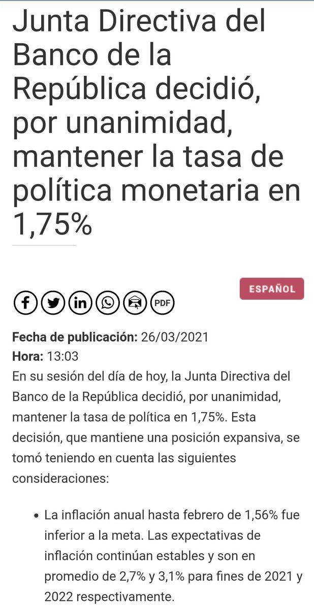josejournaliste's tweet photo. Decisión #JDBR @BancoRepublica, mantener inalterada tasa básica de intervención en 1,75% se fundamentó en: mejoramiento en pronósticos crecimiento, desempleo y liquidez del sector financiero, pese a factores externos. Esperan aprobación de Reforma por parte del Congreso https://t.co/YkfDjzF6Ui