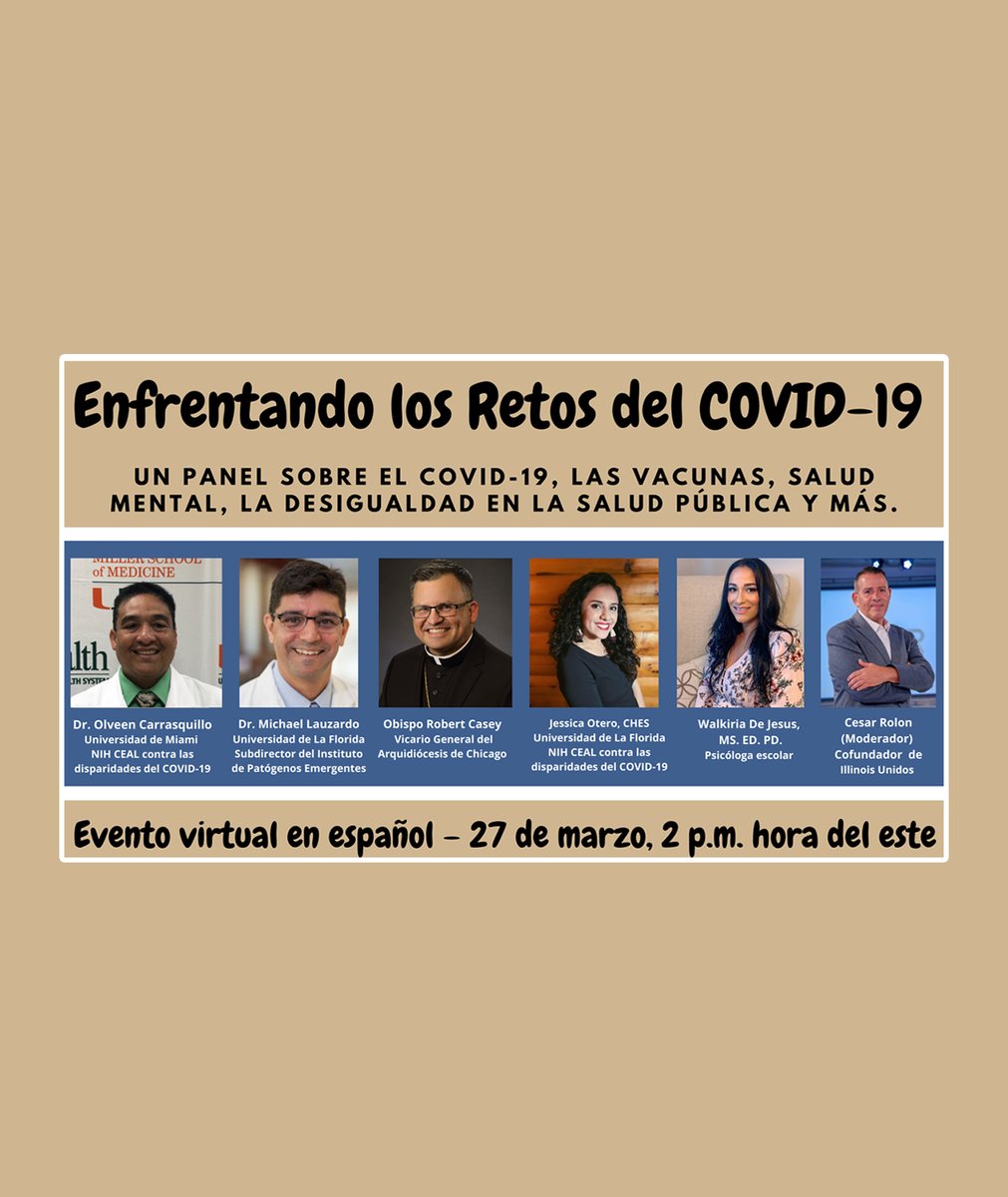UniContigo's tweet photo. Escucha mañana sábado este panel en español con expertos sobre covid-19, las vacunas, salud mental, la desigualdad en la salud pública y más. A las 2:00 pm ET / 1:00 PM CT / 11:00 AM PT. Organizado por Florida Community Engagement Alliance (FL-CEAL)  👉  https://t.co/wDhJMlAz4L https://t.co/ecfKBFHad4