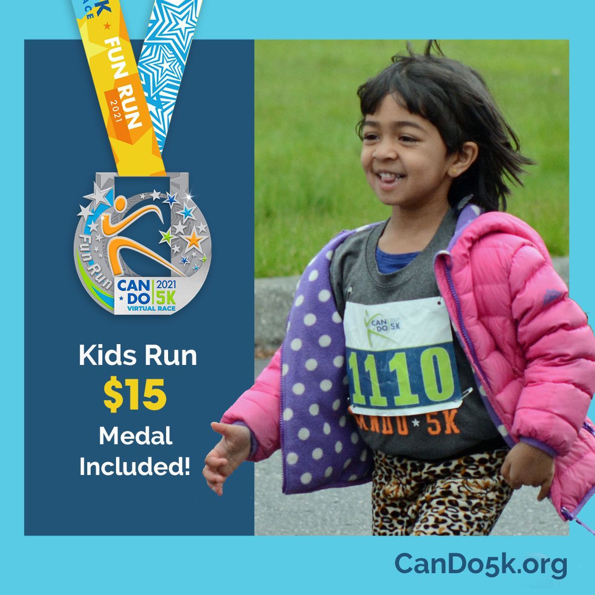 CanDo5K's tweet image. NEW! - We are offering a Kids Can Do Fun Run (ages 1-14).
Registration is only $15 and it includes our FUN RUN Medal!!!
Adult registration is $35. Register TODAY!
 #cando5k #candoinitiative #candocommunity #virtualrun #virtualrunning #virtualrace #bothell #specialneeds
