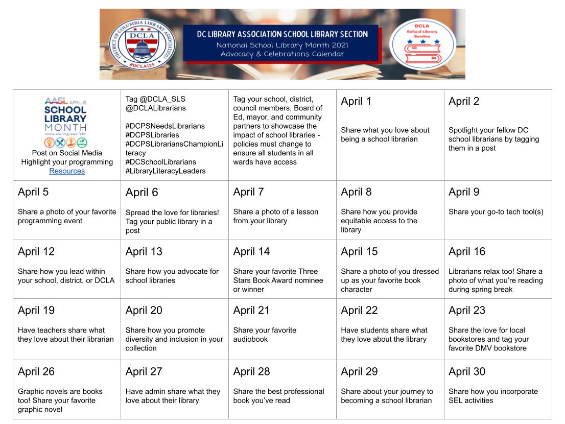 DCLA_SLS's tweet photo. #SchoolLibraryMonth is next week! ๐๐ฝhttps://t.co/MYbLqV8d2b
#DCSchoolLibrarians share your work during #AASLslm to highlight #DCPSLibraries' impact! Inspired by @SCASLNet.
#DCPSLibrariansChampionLiteracy @aasl @WTUTeacher
#DCPSNeedsLibrarians @DCLALibrarians @DcpsLibrary https://t.co/1K28dy6dvS