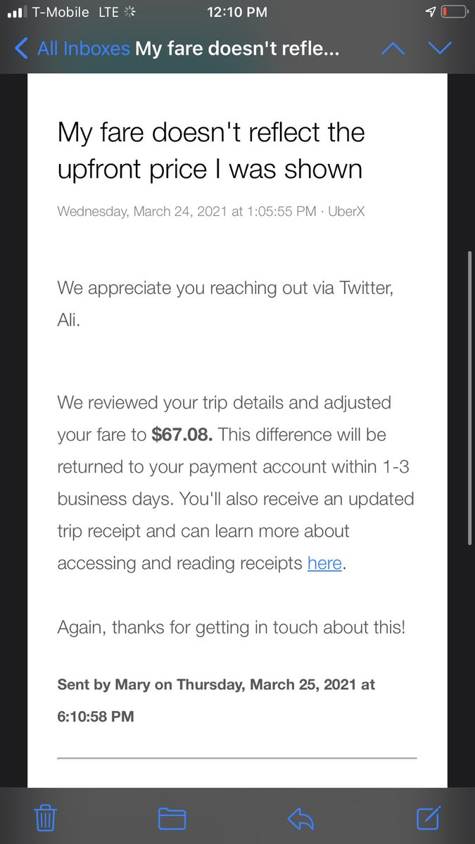 Ali_Sultan97's tweet photo. @Uber_Support Please respond to my tweet I want a receipt for the $67.08 reimbursement I’m owed not the false $47.08 I was wrongly reimbursed https://t.co/vIHJWtTvWl