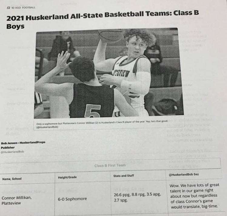 Platteview_BBB's tweet photo. *Huskerland Preps All-State*
@HuskerlandBob 

- Class  B 1st Team and...     PLAYER OF THE YEAR!
@ConnorMillikan  

- Well deserved and earned, congrats Connor! https://t.co/TEkoPQwMpr