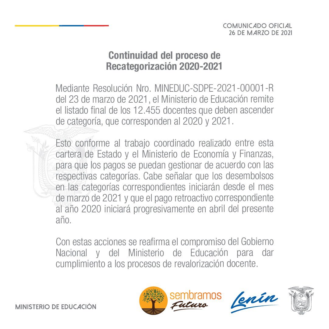 Educacion_Ec's tweet photo. [COMUNICADO] @Educacion_Ec remite el listado final de 12.455 docentes que deben ascender de categoría. Con estas acciones se reafirma el compromiso del Gobierno Nacional para dar cumplimiento a los procesos de #RevalorizaciónDocente. https://t.co/2IscY4wRRa