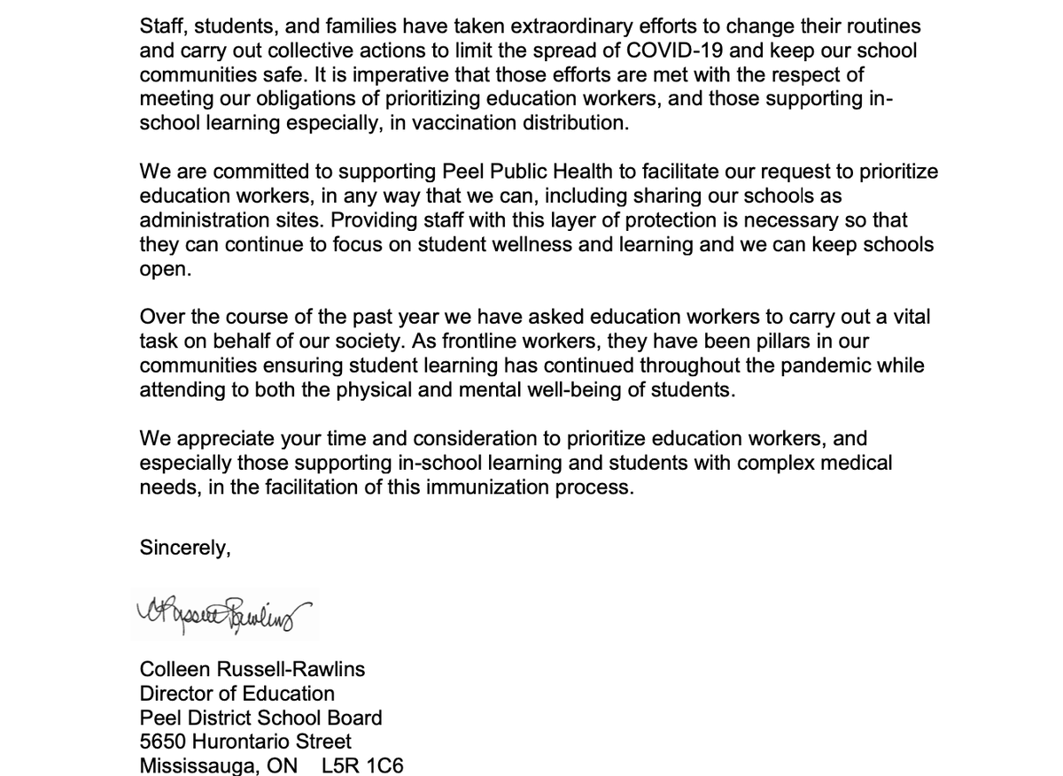 PeelSchools's tweet photo. Earlier today, we shared an urgent request to public health authorities for COVID-19 vaccine prioritization for education workers.  See below.👇 https://t.co/EEvzLX9e1l