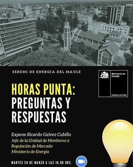 A toda la comunidad agrícola, los invitamos a la charla "Horas Punta: Preguntas y Respuestas", organizado por la SEREMI de Energía del Maule para el martes 30 de marzo a las 10.00hrs.
bit.ly/3w4RMe8