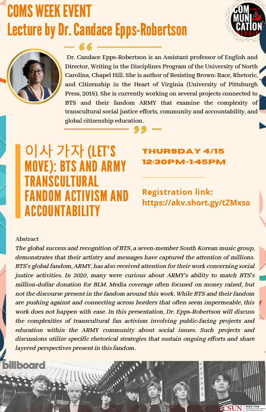 csuncomstudies's tweet image. Check out our COMS week events. Learn about Speech and Debate, Performance Ensemble, Career options, even some KPOP Dance moves, and much more!!
#CSUN #COMSWEEK