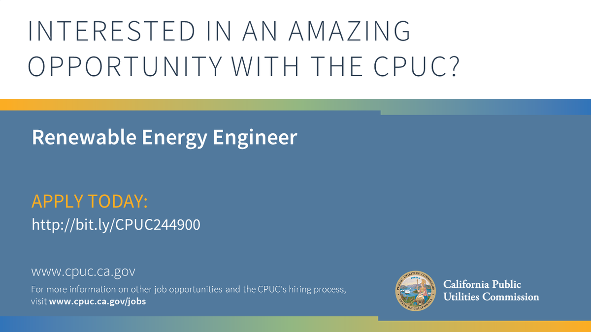 californiapuc's tweet photo. We are seeking a Renewable Energy Engineer  to support the Energy Division on modeling and other renewable energy projects, which may include data management, analysis, and visualization. Please apply by April 4, 2021: https://t.co/x1yZ36C8SX 
#EnergyTwitter #WorkforCA https://t.co/yftPMi1LQu