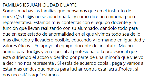 escuelasdecalor's tweet image. Las familias del IES JUAN CIUDAD DUARTE han reaccionado con un claro mensaje d apoyo a un docente del centro al que han acusado de adoctrinar al alumnado. Nos sumamos a ellas  #NoALaCensura #NoAlVetoEscolar #NoAlPinParental Todo el apoyo al profesorado. ¡No estáis solos/as!