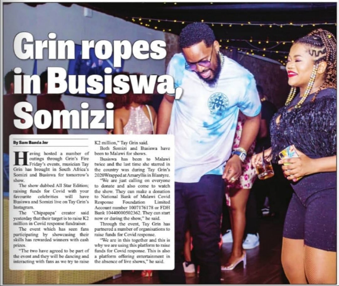 BusiswaDaily's tweet photo. @busiswaah joins Malawian star @Tay_Grin in raising funds for artists. Along side jack of all trades master of all @somizi today on @Tay_Grin’s Insta Live @ 9pm! Your contribution to this initiative could help someone’s livelihood so set that reminder! Lego! #GrinsFireFriday https://t.co/5gXi8PGBU5