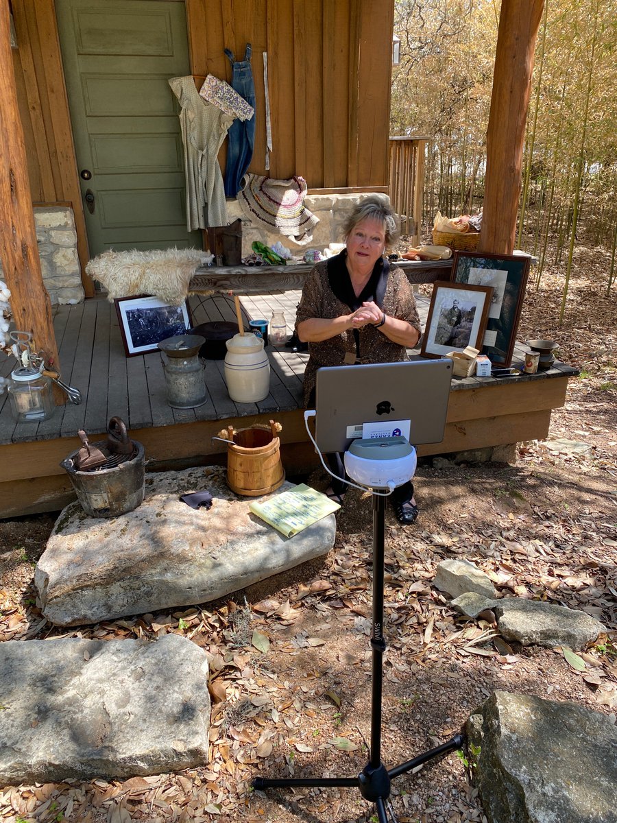 EanesISD's tweet photo. #EanesBoard Trustee Ellen Balthazar isn't letting COVID protocols stop her from virtually teaching @BCEBlueJays  students about the history of Eanes! Complete with a swivl camera, she is able to show and tell on-location from the Marshall house! Thanks, Ellen! #EISDShines https://t.co/wjq1hyXiXp