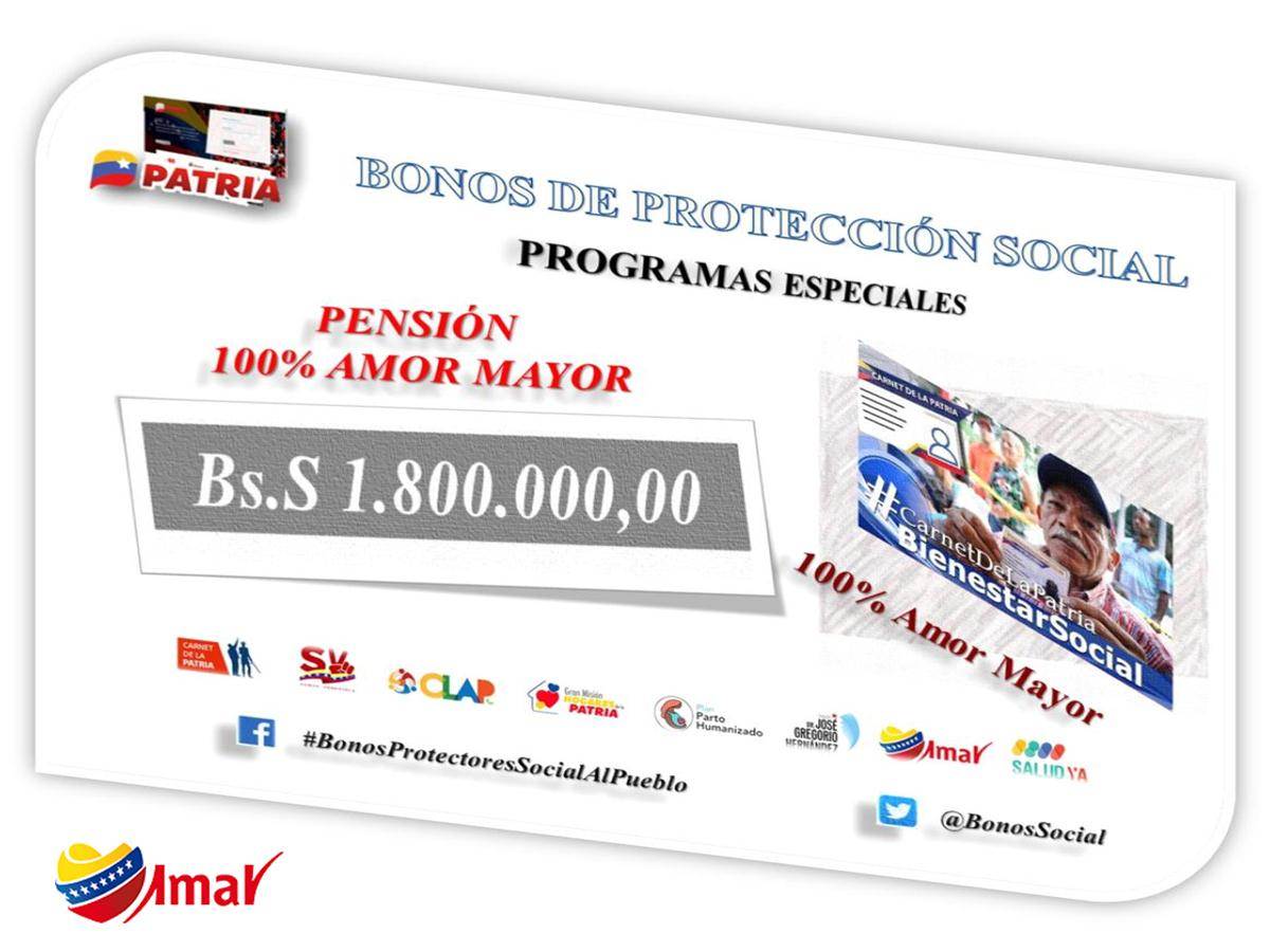 BonosSocial's tweet photo. La pensión de #AmorMayor a través del Sistema @CarnetDLaPatria es 1.800.000,00 Bs.S 

 #EvitaElContagio 
@NicolasMaduro @VTVcanal8 @Mippcivzla https://t.co/LbcqLr0Oex