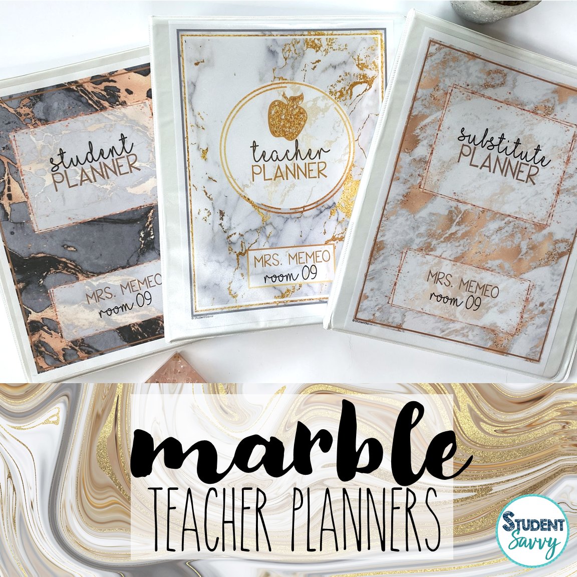 studentsavvysuz's tweet photo. If you are 👀ing for a more polished and professional design when choosing a Teacher Planner, marble might be your style!  Gold, rose-gold, and silver are all included! 😍  Read more about 2021 Teacher Planner Trends here - https://t.co/FImPlGYHte https://t.co/wdj04Ag8DE