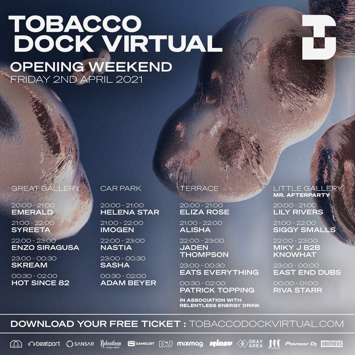 Announcing the set times for the opening Friday at Tobacco Dock Virtual.

Read more on how to experience - tobaccodockvirtual.com/how-to-experie…