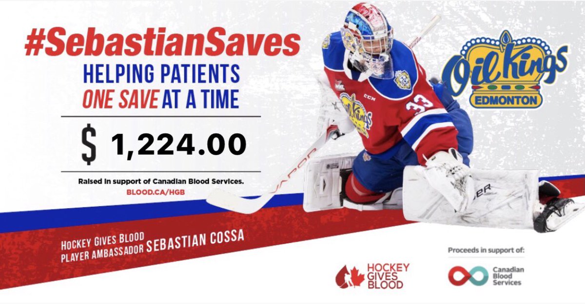 This season a special group of medical professionals in #YEG will collectively donate $8 for every save made by HGB Player Ambassador @SebastianCossa with all proceeds being donated in support of @canadaslifeline . #SebastianSaves @EdmOilKings @TheWHL @CHLHockey