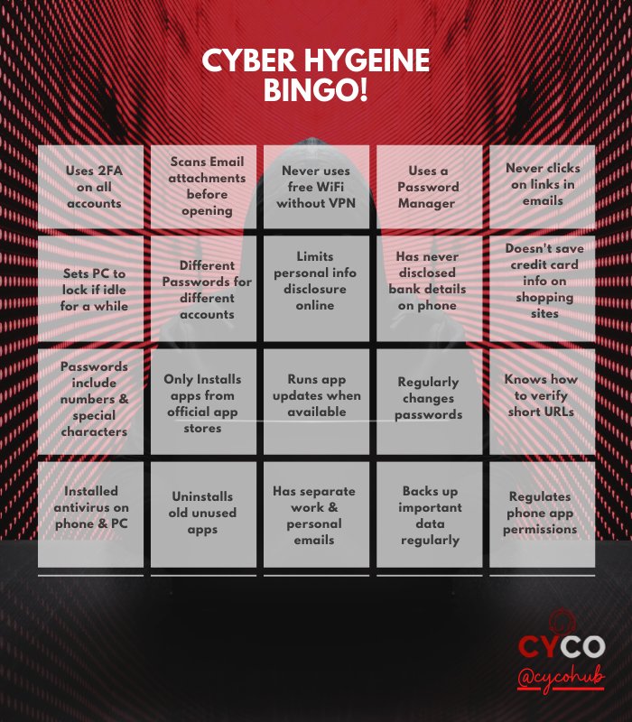 cybercompound's tweet photo. How about a Friday bingo for fun? Check what your cyber hygiene is like!
Share your results and tag @cycohub
#cybersecurity
#cyberbingo
#cyber https://t.co/Tew9O684u0