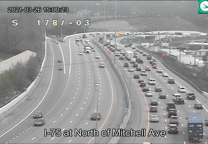CincyPD's tweet photo. With Spring Break travelers on the highways, I-75 southbound is backed up in multiple places inside the city limits. Consider using I-275 #I75Problems #SpringBreakTraffic #Hovercar???? https://t.co/pOnM6t0td9