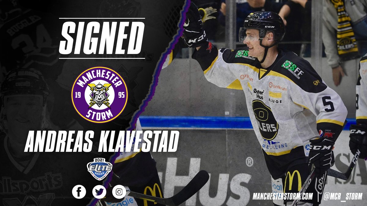 SIGNED | Manchester Storm are delighted to welcome blueliner Andreas Klavestad from Stavanger Oilers.

A right-handed shot with 272 appearances in Norway’s top division has seen Klavestad split his time between Sparta Sarpsborg and Stavanger Oilers. 🇳🇴

#WeAreStorm | #Manchester