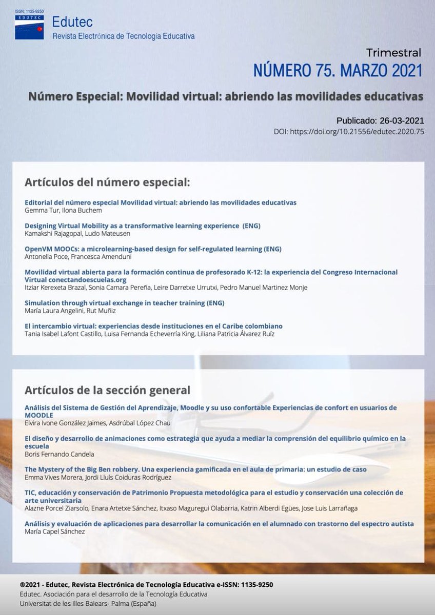 _edutec_'s tweet photo. #edutec-e Publicado el número 75 de Edutec.  NÚMERO ESPECIAL Movilidad virtual: abriendo las movilidades educativas - Marzo 2021 https://t.co/5dxTaYgwPH https://t.co/ZGBdv3L0J2