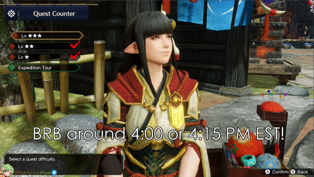 FlatchestedMaid's tweet photo. Almost 8 hours in. Taking an hour break. I'll be back in an hour. #MHRise #MonsterHunter #NintendoSwitch #MonsterHunterRise #SoloOnly https://t.co/BDZqOwNSZU