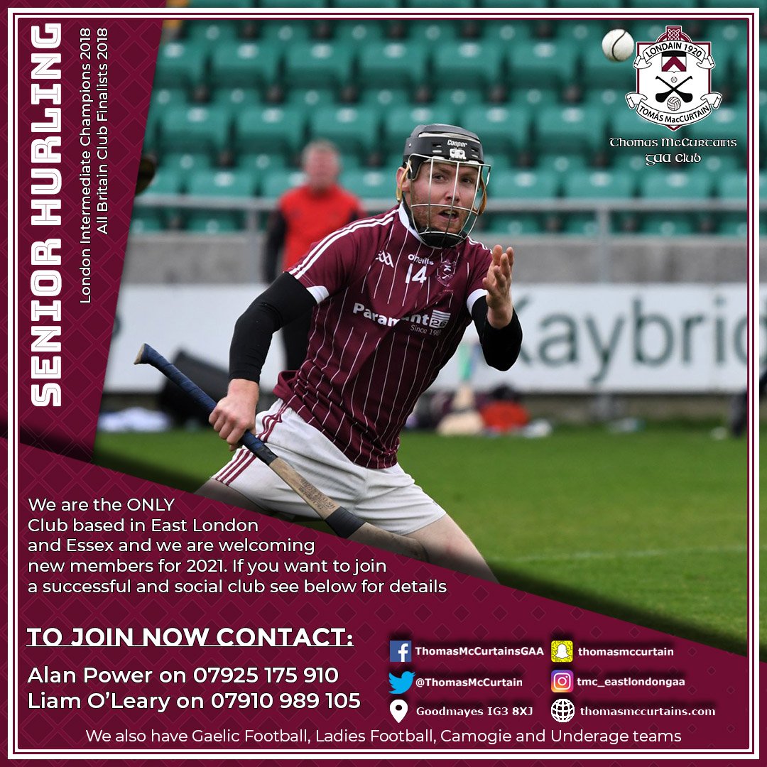 ThomasMcCurtain's tweet photo. The lockdown is over!!
Living in East London or Essex? Want to play GAA or meet new people? Join Thomas McCurtains GAA Club. We offer Senior Hurling and Senior &amp; Reserve Gaelic Football.
#4codes1club #TMC100 https://t.co/h1Zxst2pzs